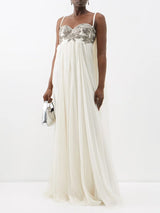 2022 Alexander McQueen by Sarah Burton Silk Chiffon Dress w Silver Bead Detailed Bodice