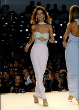 Phenomenal Spring 1991 Original Valentino Runway Pale Pink & Pastel Green Strapless Cut Out Dress