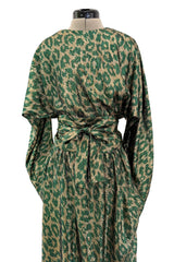 Incredible Fall 1979 Halston Runway Feather Light Green & Metallic Gold Lurex Dress w Original Belt