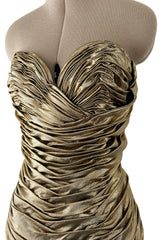 1989 Vicky Tiel Couture Metallic Gold Lame Gathered & Draped Strapless Dress