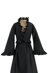 Dreamy 1980s Valentino Black Silk Wide Ruffled Hem Dress w Matching Wide Bell Sleeve Cropped Jacket