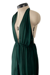 Incredible circa 1973 Halston Couture Green Silk Chiffon Backless & Plunging FrontJumpsuit