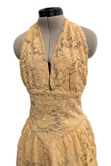 1970s Lanvin by Jules-Francois Crahay Couture Deep Yellow Lace Halter Dress w Wide Band at the Waist