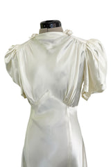 Beautiful 1930s Ivory Silky Rayon Wedding Gown w Train, Puffed Cap Sleeves & Romantic Rosette Detailing
