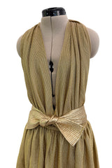 Fantastic Fall 1980 Bill Tice Metallic Gold Halter Front Backless Dress w Top Stiched Tie Belt & Front Slit