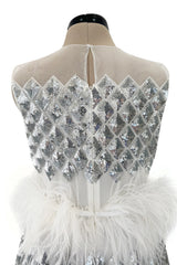 Fantastic Fall 2019 Huishan Zhang Silver Sequin on White Net & Organza Dress w Feather Detailing