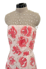Dreamy 2000s Oscar de la Renta Pink Net & Floral Silk Dress w Bead & Flower Sequin Detailing