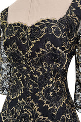 Fall 1995 Zandra Rhodes 'The Fairy Collection' Hand Painted Metallic Gold Lace & Silk Dress