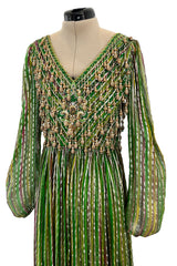 Exquisite 1960s James Galanos Metallic Green & Gold Silk Dress w Heavily Beaded Bodice