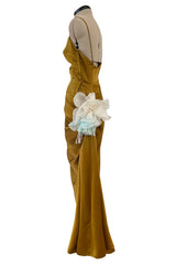 Stunning 1968 Mr Blackwell Custom Deep Copper Gold Silk Dress w Hip Swag & Flower Pin
