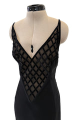 Minimalist 1990s Richard Tyler Velvet & Chiffon Lattice Front Black Silk Dress