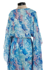 Dreamy 1970s Pierre Cardin Blue Floral Print Silk Chiffon Dress w Long Angel Sleeves