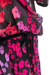 Prettiest 1970s Courreges Bright Pink Floral Velvet on Black Silk Chiffon Dress w Numbred Label