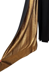Striking Fall 1976 Chloe by Karl Lagerfeld Runway Documented Black Silk & Metallic Gold Caped Back Panel Dress