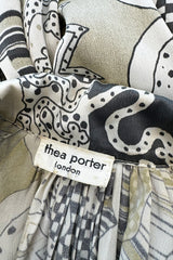 Beautiful & Rare 1970s Thea Porter Balloon Sleeve Grey Toned Printed Top w Pointed Collar
