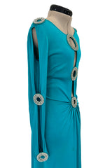 Spectacular Early 1970s Loris Azzaro Plunging Turquoise Silk Jersey w Open Rhinestone Rings