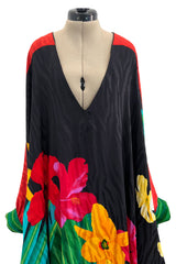 Fabulous 1980s Pauline Trigere Scarf Weight Silk Huge & Brillaint Coloured Floral Printed Caftan Dress