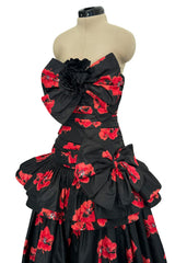 Specatacualr circa 1995 Nina Ricci Demi-Couture Strapless Floral Silk Taffeta Dress w Bow Detailing