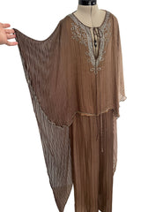 Amazing 1970s Unlabelled Feather Light Graduated Silk Ribbon Chiffon Cape Top & Wide Leg Pant Set