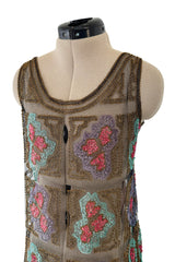 Intricate 1920s Unlabeled Gold Metallic Lame Thread & Sequin on Black Silk Net Flapper Dress