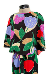 Prettiest 1970s Mr Blackwell Custom Black Jersey Dress w Bright Print & Sequin Detailing
