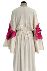 Gorgeous 1970s Unlabeled Raw Natural Cotton Dress w Huge Pink Floral Appliques