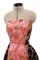 Dreamy 1960s Unlabeled Strapless Black Dress w Front Pink Panel & Floral Embroidery