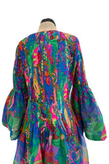 Important 1971 Pierre Cardin Couture Silk Organza Bell Sleeve Dress w Flat Pleated Bodice & Sleeves