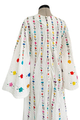 Fantastic 1960s Unlabeled White Cotton Hand Embroidered Mexican Caftan Dress