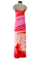 Incredible Spring 1978 Hanae Mori Brilliant Pink & Coral Sunset & Floral Caftan Dress & Cape Overlay