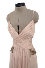 c 2007 Roberto Cavalli Pale Ballet Pink Pleated Silk Jersey Dress w Front Plunge & Rhinestones