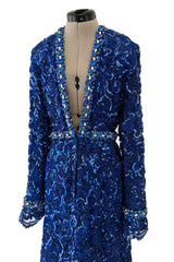Documented 1970 Oscar de la Renta Brilliant Blue Sequin & Rhinestone Plunge Dress