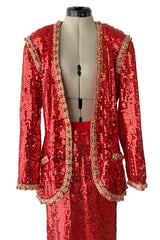 Bright Red 1980s Balenciaga Le Dix Sequin Jacket & Skirt Suit w Gold Braiding & Beadwork Detailing