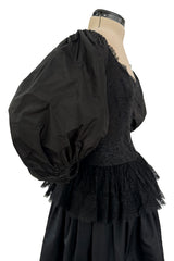 Romantic 1980s Oscar de la Renta Backless Black Silk & Lace Dress w Killer Pouf Sleeves