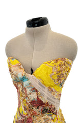 Very Rare Spring 2003 Roberto Cavalli Printed Silk & Net Boned Corset & Red Sequin Mini Skirt Set