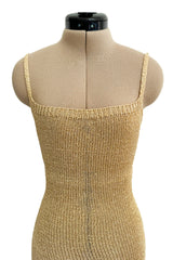 Amazing 1990s Gianni Versace Gold Metallic Knit Dress w Open or Lace up Back & Side Slit