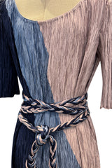 1980s Mary McFadden Couture Blue & Deep Dusky Pink Pleated Dress w Extra Long Braided Belt