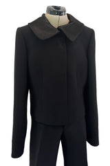 Minimalist Fall 2000 Gucci by Tom Ford Runway Look 3 Black Pant Suit w Leather Collar Detailing