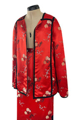 Fabulous 1970s Bill Gibb Red Woven Floral Print Silk Jacket w Matching High Slit Skirt