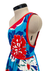 c.1977 Oscar de la Renta for Swirl One Shoulder Printed Bright Floral Cotton Dress w Ruffled Hem