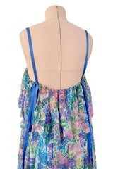 Spectacular Spring 1978 Christian Dior by Marc Bohan Blue Floral Silk Chiffon Dress w Ribbon Straps