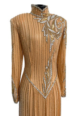 Incredible 1980s Bob Mackie Beaded, Sequin & Rhinestone Detailed Peach Silk Dress