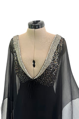V Neck & Back 1990s Nina Ricci Black Silk Chiffon Caftan Dress w Sequin Bead & Rhinestone Detailing