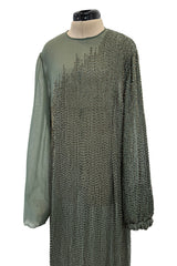 Prettiest Fall 1981 John Anthony Couture Moss Green Silk Chiffon Dress w Hand Beaded Detailing