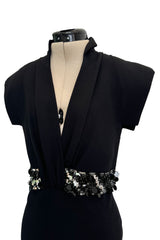 Minimalist Late 1990s Jean Louis Scherrer by Stephane Rolland Black Plunge Dress w Sequin Detailing