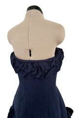 Incredible 1980s Hubert de Givenchy Haute Couture Strapless Blue Matte Silk Dress w Velvet Bow Detailing