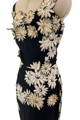 Bombshell Late 1940s Early 1950s Deep Blue Silk Wiggle Dress w Hand Cut Sequin Floral Applique