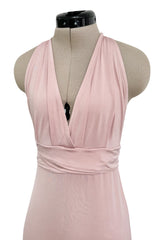 Prettiest 2000s Gianni Versace Pale Dusty Pink Plunge Stretch Jersey Halter Dress w Open Back