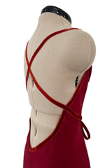 Exquisite Fall 1999 John Galliano Deep Red Bias Cut Patterned Silk Backless Dress w Velvet Ribbon Details