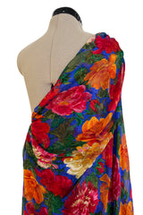 Exquisite Fall 1997 Yves Saint Laurent Brilliant Multi Floral Printed Silk Chiffon Bias Cut & Draped One Shoulder Dress